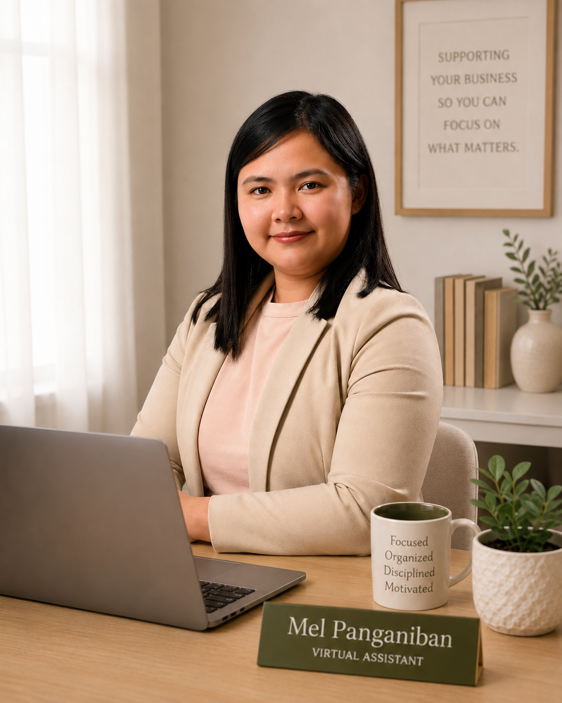 Mel Alodiah Panganiban-Cananua working at her home office desk