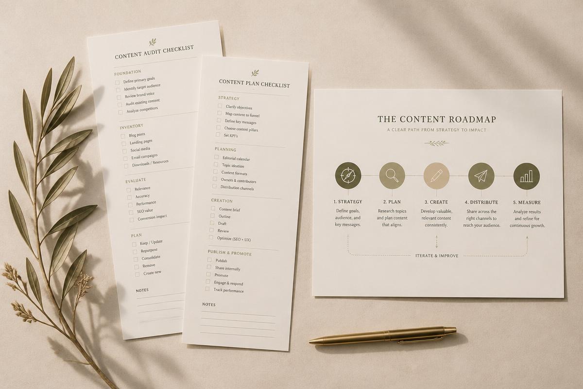 Printed checklist pages and a one-page career roadmap on a warm sand surface